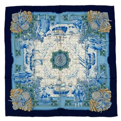 美品 HERMES エルメス スカーフ シルク カレ90 AZVLEJOS 大航海時代に思いを馳せた海洋 ブルー