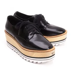 ジェフリーキャンベルJeffrey Campbell ウッドプラットフォームシャークソールレースアップシューズ 黒ベージュ38(24.5cm位)