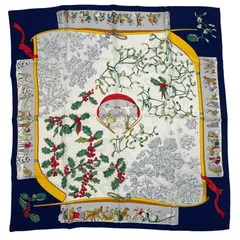 美品 HERMES エルメス スカーフ シルク カレ90 Neige d'Antan 去年の雪 ネイビー