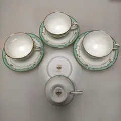 Noritake ノリタケ ボーンチャイナ カップ＆ソーサー 4客セット JAPAN刻印あり 金彩 グリーン装飾 ティーカップ 洋食器 来客用 260205-2T