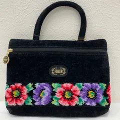 9602　FEILER　フェイラー　アネモネ　ポーチ　ハンドル付きポーチ　持ち手付きポーチ　ブラック　黒　花柄　フラワー　シュニール織り　タグ付き　レディース　シンプル　きれいめ