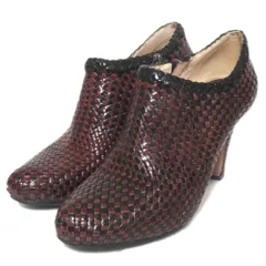 美品 PRADA プラダ レザー メッシュ 編み込み ハイヒール ブーティ ショートブーツ 35.5サイズ 22.5cm ブラック×ボルドー レディース 古着 中古 USED