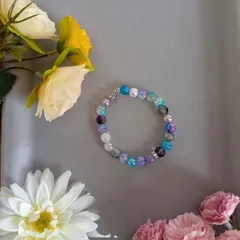 ハンドメイドビーズブレスレット／ブルー×パープル×ホワイト×シルバー／15cm／キッズ・レディース