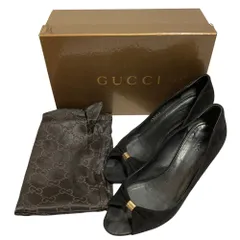 美品 GUCCI グッチ スエード オープントゥパンプス サイズ38 25cm相当 ブラック レディース 古着 中古 USED