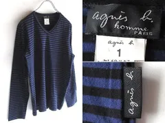 agnes b. homme アニエスベーオム ピッチ切替 Vネック ボーダーカットソー 長袖Tシャツ 1 パープル ブラック ポルトガル製