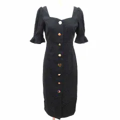 ロイヤルパーティー ROYAL PARTY ワンピース ひざ丈 スクエアネック フェイクスエード 五分袖 F 黒 ブラック /YK