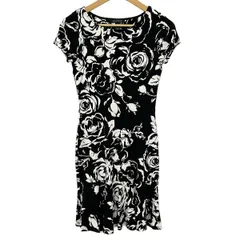 RalphLauren(ラルフローレン) ワンピース サイズXS レディース - 黒×白 クルーネック/半袖/ひざ丈/花柄