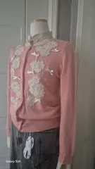 ギャラリー ビスコンティ ピンク パール 花 レース カーディガン