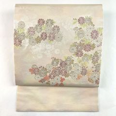 名古屋帯 八寸 紬織 開き仕立て 花文様 グレー ピンク 洒落帯 粋