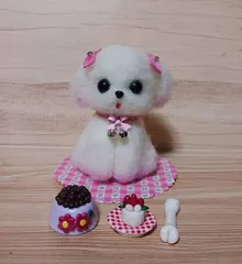 羊毛フェルト　ピンクリボンが似合うピンク染めマルチーズ