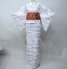 小紋 夏用 単衣 仕立て上がり 単品 Mサイズ ポリエステル100％ 白色 モダン お手入れ簡単 洗える着物 NO43118