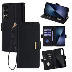 SONY Xperia 1VII/SONY Xperia 10VI 手帳型スマホケース レディース｜高見え金属プレート付き｜腕ストラップ付き｜多機種対応 【ブラック WJT】