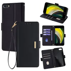 iPhone7/iPhone8/iPhoneSE2/iPhoneSE3 手帳型スマホケース レディース｜高見え金属プレート付き｜腕ストラップ付き｜多機種対応 【ブラック WJT】