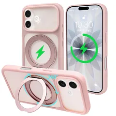 【新品】 bjnosdv iPhone17 用のケース MagSafeに対応 360°回転スタンド機能 ワイヤレス充電 半透明のマット背面 スマホケース 耐衝撃 耐久性 防指紋 全面保護 黄ばみなし リングマグネット搭載 イフォン17用のカバー(ピンク)