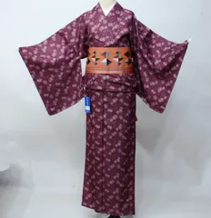 小紋 夏用 単衣 仕立て上がり 単品 Mサイズ ポリエステル100％ えんじ色 モダン お手入れ簡単 洗える着物 NO43119