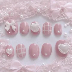 【くすみパープル】ネイルチップ  リボン ハート チェック ショートネイル 量産型 地雷系 ガーリー フェミニン y2k 韓国 ワンホン 姫系 あざと可愛い ちゅるん うるうる デート 推し活 ライブ お出かけ 冬ネイル 春ネイル 卒業式 入学式 ホワイトデー