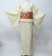 小紋 夏用 単衣 仕立て上がり 単品 Mサイズ ポリエステル100％ ベージュ モダン お手入れ簡単 洗える着物 NO43121