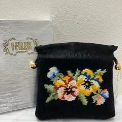 9604　FEILER　フェイラー　巾着　ポーチ　小物入れ　シュニール織り　ブラック　黒　レディース　花柄　フラワー　シンプル　きれいめ　上品