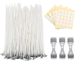 【特価セール】キャンドル芯 100本セット 20cm ろうそく芯 綿100%のキャンドル材料 キャンドルホルダー 芯固定ホルダー 5個 DIY手作り 座金付き 丸形両面テープ付き ジェルキャンドル向け