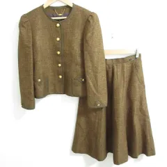 Leilian レリアン シルク×ウール 金釦 ツイード ノーカラージャケット+スカート スーツ セットアップ 11号 ブラウン系 レディース 古着 中古 USED