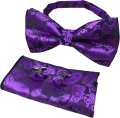 RENASYS 蝶ネクタイ ポケットチーフ カフスボタン 3点セット ペイズリー柄 ボウタイ タキシード 結婚式 パーティー (ダークパープル)