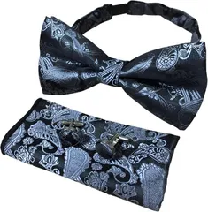 RENASYS 蝶ネクタイ ポケットチーフ カフスボタン 3点セット ペイズリー柄 ボウタイ タキシード 結婚式 パーティー (ダークグレー)