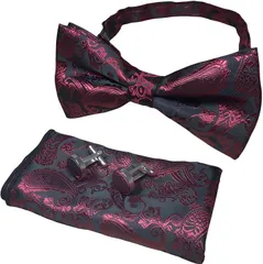 RENASYS 蝶ネクタイ ポケットチーフ カフスボタン 3点セット ペイズリー柄 ボウタイ タキシード 結婚式 パーティー (ダークレッド)