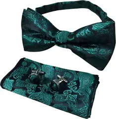 RENASYS 蝶ネクタイ ポケットチーフ カフスボタン 3点セット ペイズリー柄 ボウタイ タキシード 結婚式 パーティー (ダークグリーン)
