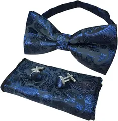 RENASYS 蝶ネクタイ ポケットチーフ カフスボタン 3点セット ペイズリー柄 ボウタイ タキシード 結婚式 パーティー (ダークブルー)