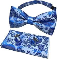 RENASYS 蝶ネクタイ ポケットチーフ カフスボタン 3点セット ペイズリー柄 ボウタイ タキシード 結婚式 パーティー (ロイヤルブルー)