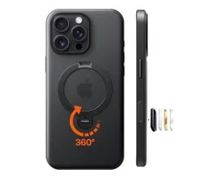 【米軍規格・360°回転吸着多機能一体 】TORRAS iPhone 16 Pro 用 ケース カメラ操作カバー付き 縦横両対応 リング付き マグネット搭載 ワイヤレス充電対応 耐衝撃 防指紋 半透明 Ostand Q3 Spin ブラック