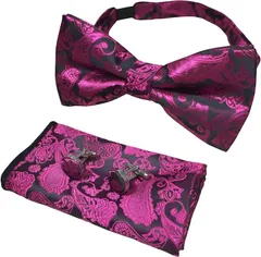 RENASYS 蝶ネクタイ ポケットチーフ カフスボタン 3点セット ペイズリー柄 ボウタイ タキシード 結婚式 パーティー (ローズレッド)