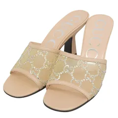 極美品▲GUCCI グッチ GGクリスタル ストーン ミッドヒール メッシュ ミュール レザーサンダル ベージュ 35 保存袋付き イタリア製 レディース