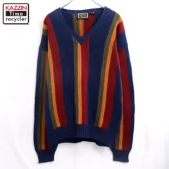 80s vintage マルチストライプ柄 Vネック コットン ニットセーター メンズ 表記Lサイズ