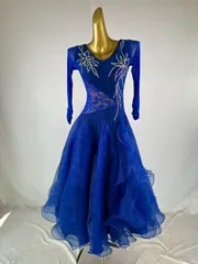 ドレス　ロイヤルブルー　シースルー　花柄　Ｍサイズ　コンテスト・発表会・パーティ・ナイトロングドレス【オーダーメイド対応可】