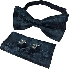 RENASYS 蝶ネクタイ ポケットチーフ カフスボタン 3点セット ペイズリー柄 ボウタイ タキシード 結婚式 パーティー (ブラック)