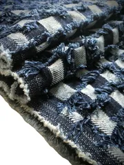 薄手 コットン デニム デニムリメイク 生地 はぎれ 布 ハンドメイド 端切れ デニム生地 (block デザイン check denim 濃いめ) fringe