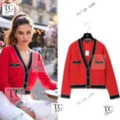 シャネル カーディガン CHANEL コーラル レッド ネイビー ブラウン カシミア ニット ココボタン 超美品 紙タグ付き 38
