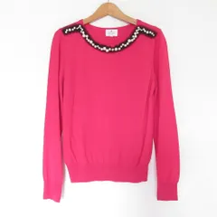 美品 LANVIN en bleu ランバンオンブルー 長袖 フェイクパール ウール ニットセーター 38 ピンク レディース 古着 中古 USED