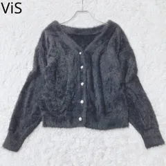 ビス　ニット　カーディガン　シャギー　クロップド丈　パール　2way  羽織り　カジュアル　エレガント　上品　ネイビー　Fサイズ