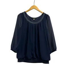 ミッシェルクラン MICHEL KLEIN ブラウス 長袖 クルーネック ライン FMKAH-37095 38 紺 ネイビー アイボリー