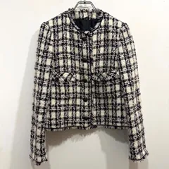 ANAYI ツイード ノーカラー ジャケット フリンジ チェック ホワイト ネイビー レッド 日本製 36【送料込み】