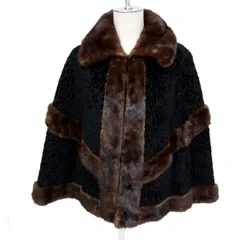 美品 高級毛皮◇ラムファー×ミンク ケープコート ポンチョ マント ショール 襟付き リアルファー ブラック×ダークブラウン レディース