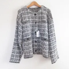 未使用 FREAK'S STORE フリークスストア ツイーディーニット ノーカラージャケット F ホワイト ブラック レディース 古着 中古 USED