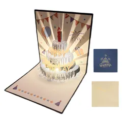 【人気商品】3D 立体 バースデー ケーキ ポップアップカード 封筒付き 光り 折りたたまれたハッピーバースデー メッセージカード 音楽付き 記念日 誕生日 誕生日カード お祝い （スターブルー）