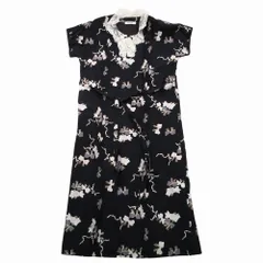 Vintage INGEBORG インゲボルグ 花柄 フラワー ロング ワンピース 半袖 レース衿 ベルト付き ブラック 黒 レディース 【中古】