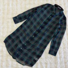 PUNYUS プニュズ チェック シャツワンピース サイズ1 グリーン×ネイビー×レッド ロング丈 シアー素材 長袖 羽織りにも ゆったりシルエット