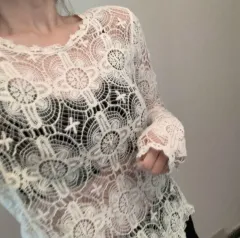 着用画像O 華奢な刺繍シースルーブラウス