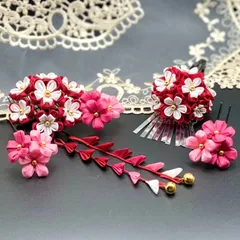 つまみ細工　髪飾り　正絹シルク　赤白　ピンク｜七五三髪飾り　753　和装ヘアアクセ　パッチンピン