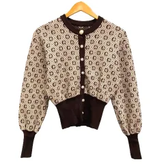 グレイル GRL カーディガン ニット クルーネック 総柄 長袖 S 茶 ブラウン ベージュ